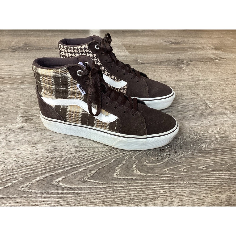 VANS Sk8-Hi Top Lace-Up Sneakers Womens 9.5 Brown Houndstooth Plaid